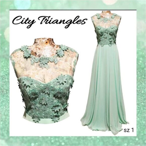 Formal Lt Green Rhinestones Floral Lace Sweetheart Bodice Long Gown Maxi Dress - Picture 2 of 15